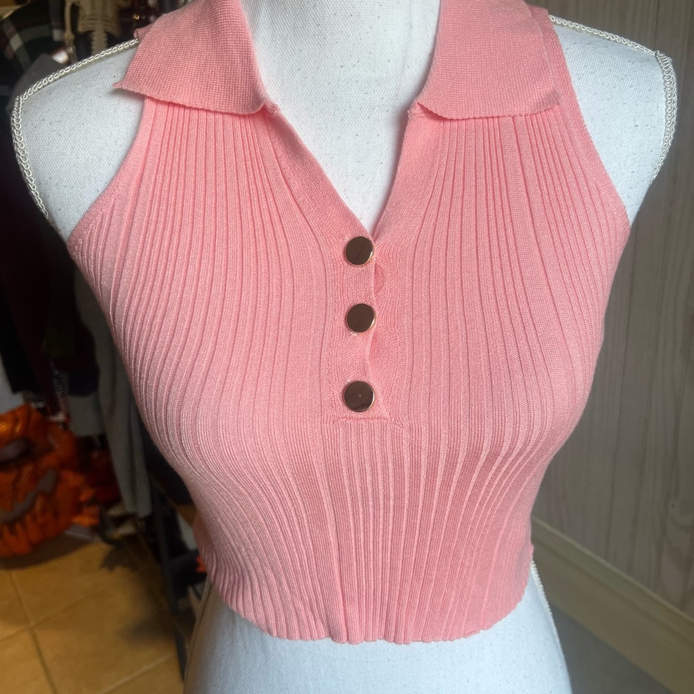 Blush Button-Up Ribbed Crop Top NWOT - Picture 2 of 5
